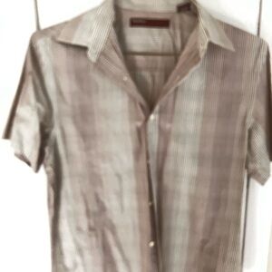 Perry Ellis Cream and Brown Casual Button Down Shirt